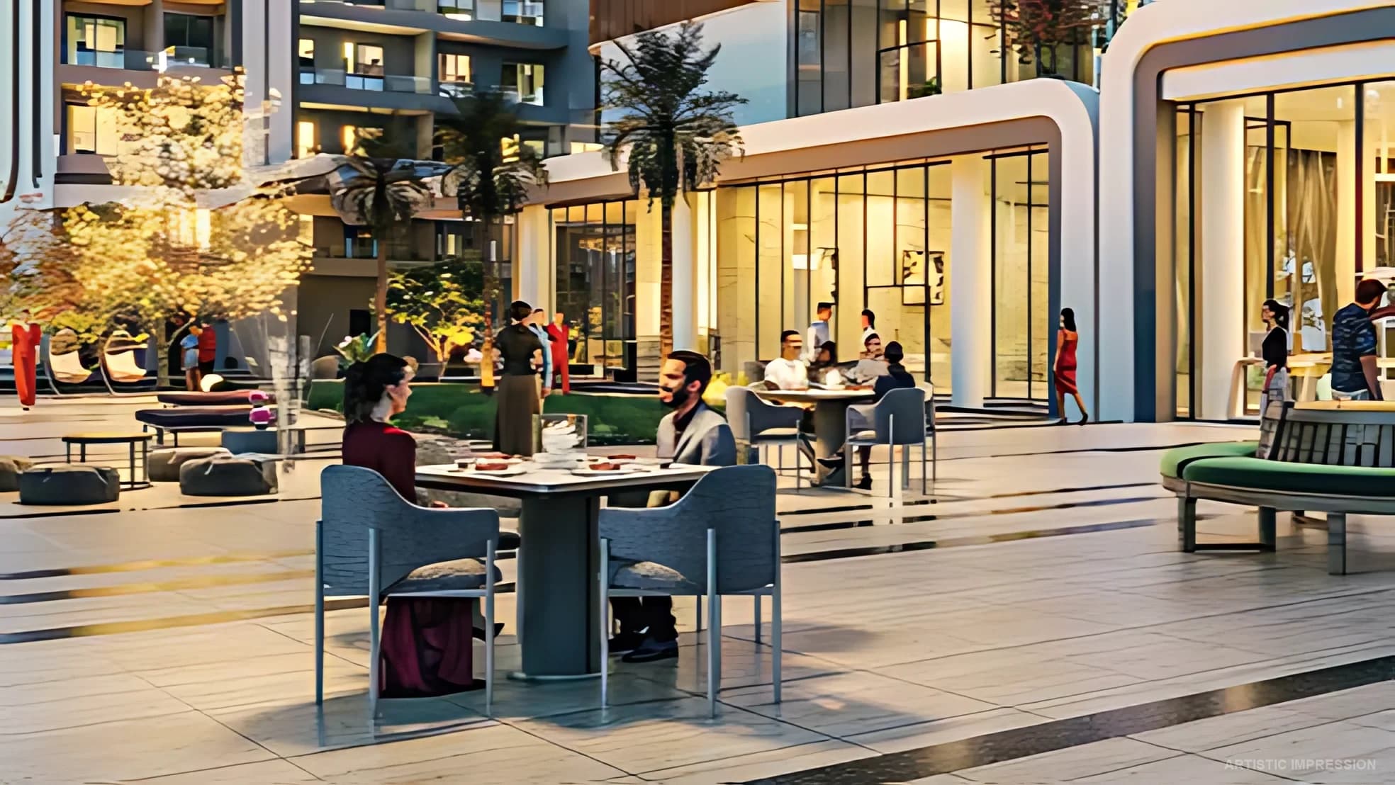 Resort-grade amenities at Smartworld One DXP with central vista, sunken pool bar and co-working space