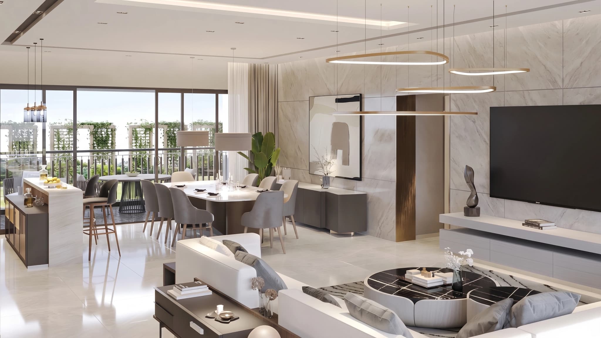 Modern open-plan living and dining area at Sobha Aranya