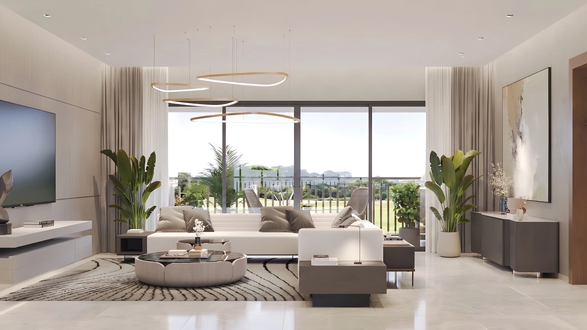 Sobha Aranya luxury living room with panoramic balcony views