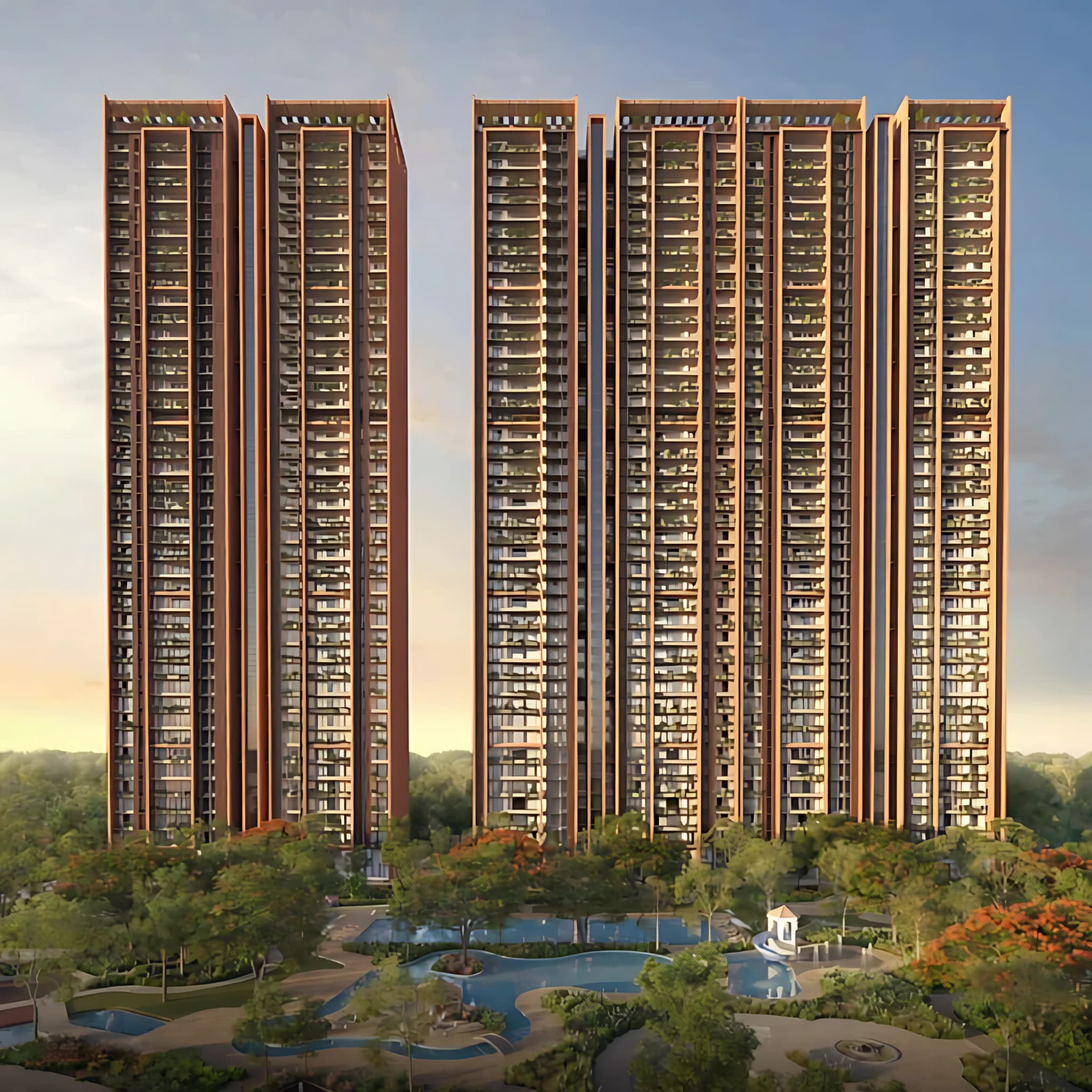 Nature-inspired luxury residences surrounded by expansive forest-themed landscapes