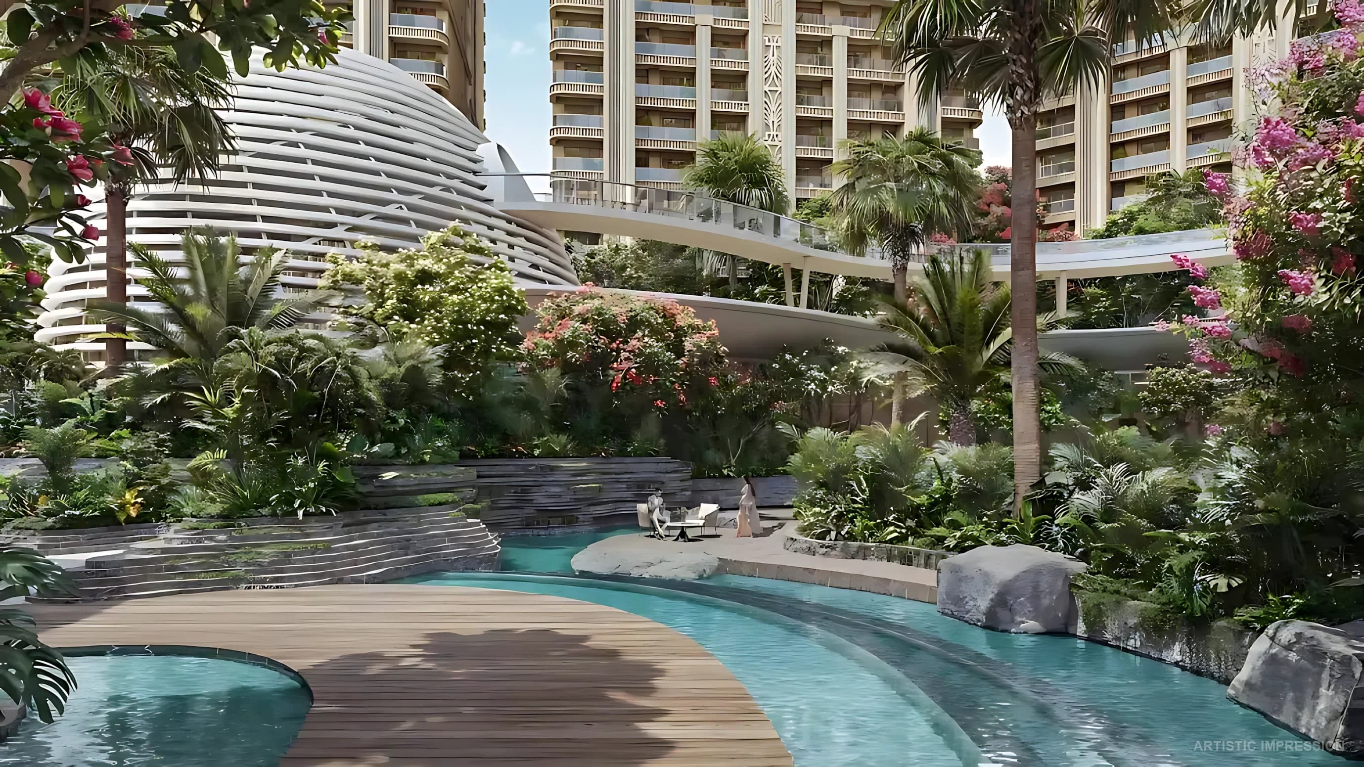 Designer landscaped gardens with water features at The Westin Residences Gurugram